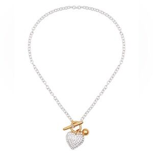 NWT, Guess Two Tone Rhinestone Heart Pendant Necklace with Toggle Closure, 18 in